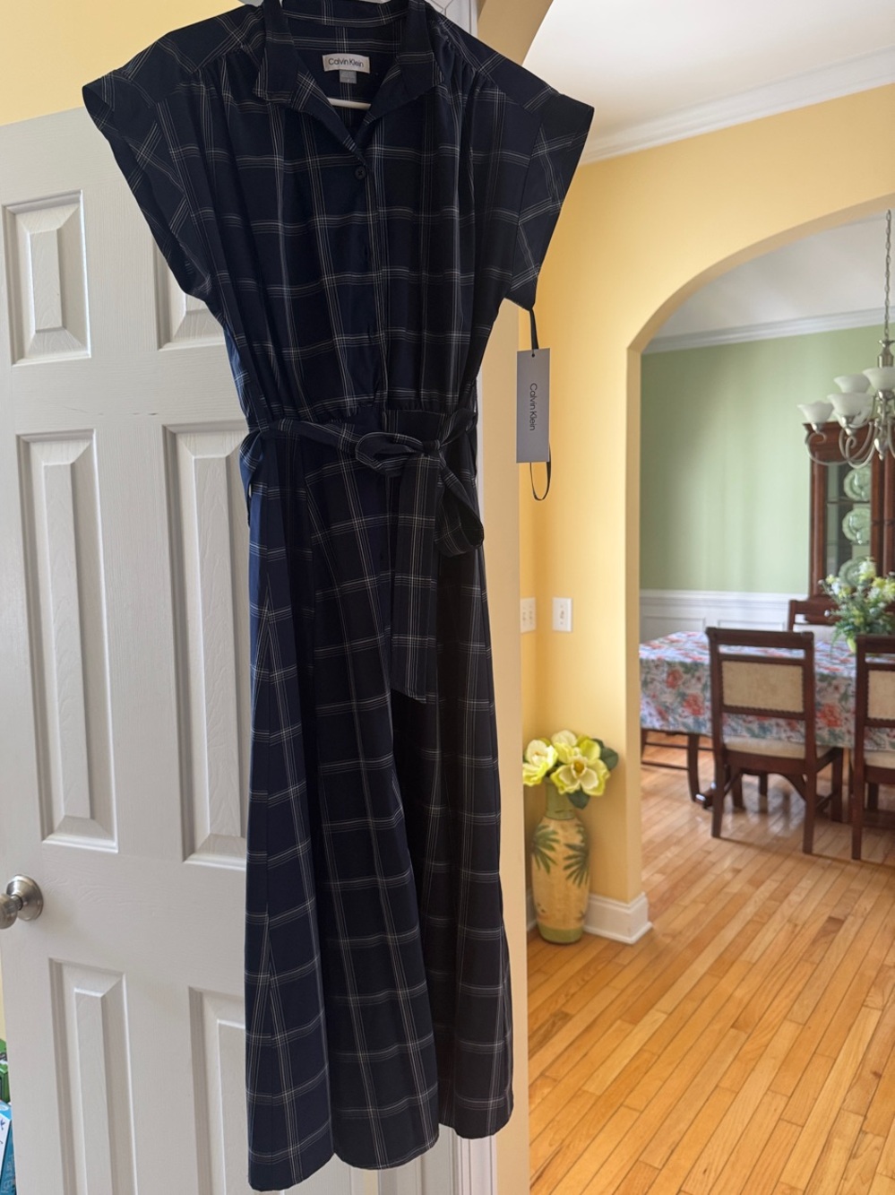 Calvin Klein Navy and Light Blue Plaid Maxi Shirt Dress with Tie Size 4 NWT